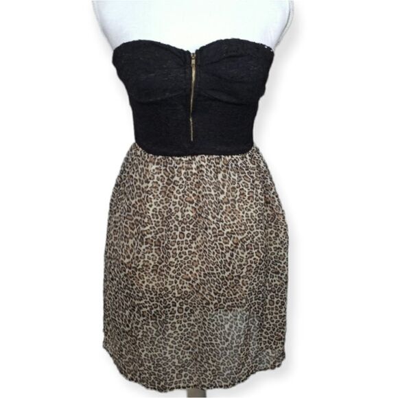 LOVELY DAY BLACK & LEOPARD PRINT STRAPLESS DRESS SZ.S EUC - Picture 1 of 8